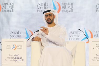 Omar Al Olama, Minister of State for AI, Digital Economy and Remote Work Applications at the Arab Media Summit at Dubai World Trade Centre. Pawan Singh / The National