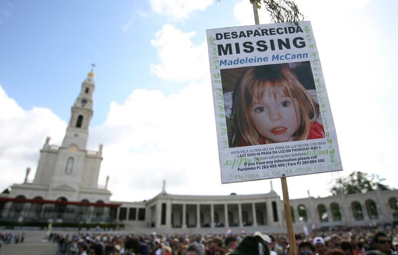 A picture of British girl Madeleine McCann, who disappeared from the Praia da Luz beach resort in the Algarve, at Our Lady of Fatima shrine in northern Portugal, in May 2007. AP