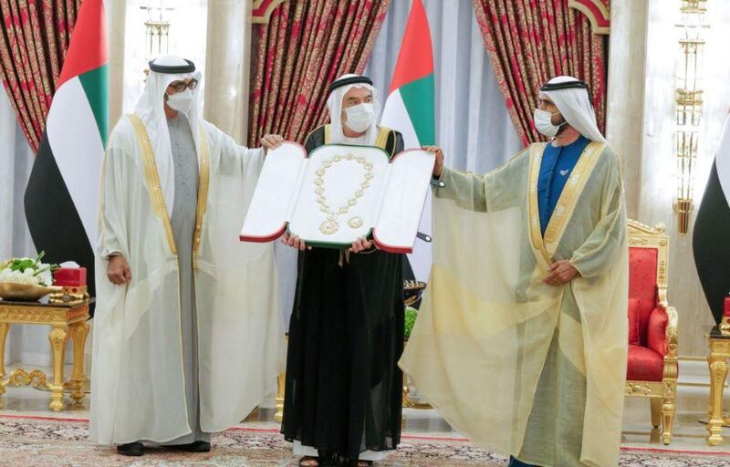 Zaki Nusseibeh is thanked for his service by Sheikh Mohamed bin Zayed and Sheikh Mohammed bin Rashid. All photos courtesy of UAE Government