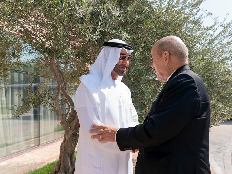ABU DHABI, UNITED ARAB EMIRATES - October 28, 2019: HH Sheikh Mohamed bin Zayed Al Nahyan, Crown Prince of Abu Dhabi and Deputy Supreme Commander of the UAE Armed Forces (L), receives HE Jean-Yves Le Drian, Minister of Europe and Foreign Affairs of France (R).

( Mohamed Al Hammadi / Ministry of Presidential Affairs )
---