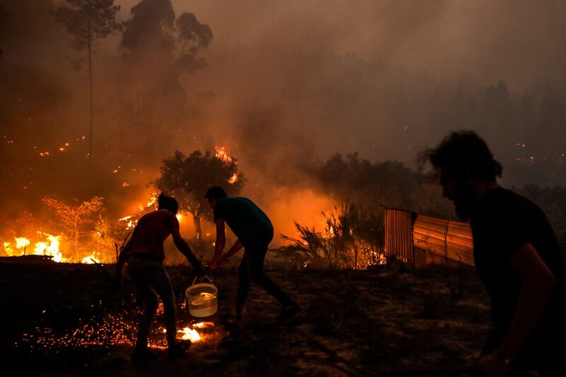 Residents fight the flames of a forest fire in the village of Urqueira, Portugal. At least 50 people were evacuated from their homes as a precaution on August 19, because of the fire in the municipality of Ourem.  EPA