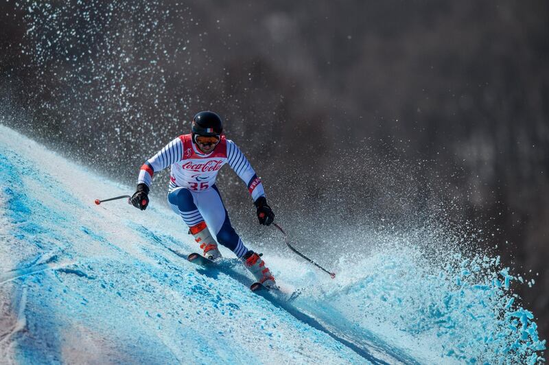 Jordan Broisin of France racing in the Alpine Skiing Standing Men's Super-G at the Jeongseon Alpine Centre during the Paralympic Winter Games in PyeongChang, South Korea. Joel Marklund / EPA