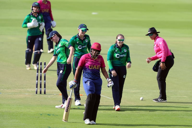 UAE's Rinitha Rajith after being run out for a duck