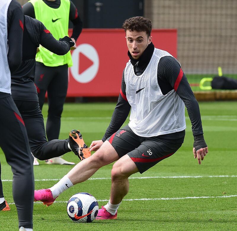 KIRKBY, ENGLAND - APRIL 28:(THE SUN OIUT. THE SUN ON SUNDAY OUT) Diogo Jota of Liverpool during a training session at AXA Training Centre on April 28, 2021 in Kirkby, England. (Photo by John Powell/Liverpool FC via Getty Images)