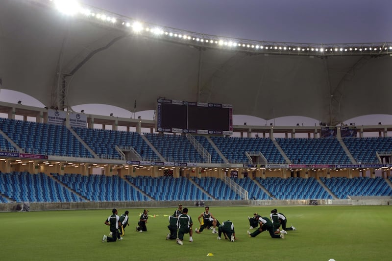 A view of Dubai Cricket Stadium, with the Pakistan team training there in November 2009. Stephen Lock / The National