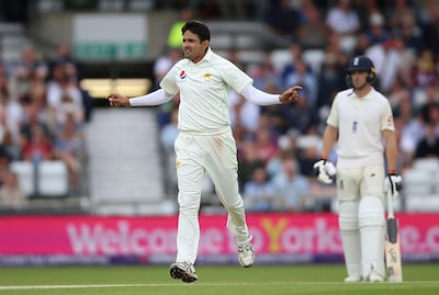 Pakistan's Mohammad Abbas celebrates after taking the wicket of England's Sam Curran on day three of the second test match at Headingley, Leeds, England, Sunday June 3, 2018. (Nigel French/PA via AP)