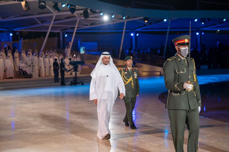 Sheikh Hamad bin Mohammed Al Sharqi, Ruler of Fujairah, at the Commemoration Day ceremony at Wahat Al Karama.  Photo: Mohamed Al Hammadi / Ministry of Presidential Affairs