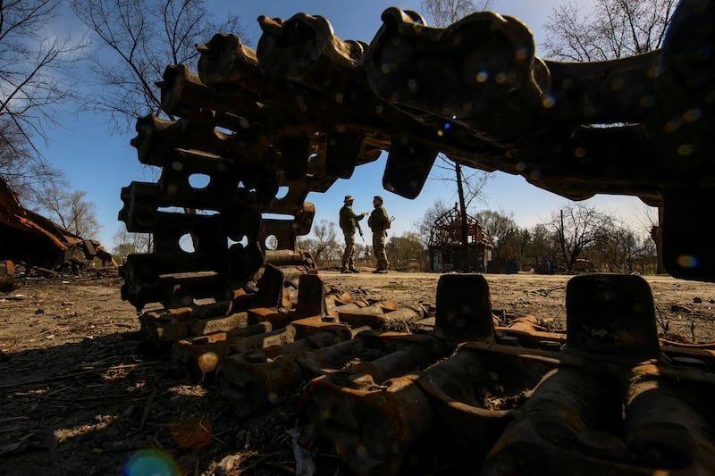 A tank destroyed in the village of Termakhivka, Kyiv region. Reuters