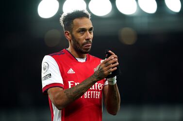 Arsenals Pierre-Emerick Aubameyang applauds the fans after the Premier League match at Goodison Park, Liverpool. Picture date: Monday December 6, 2021.