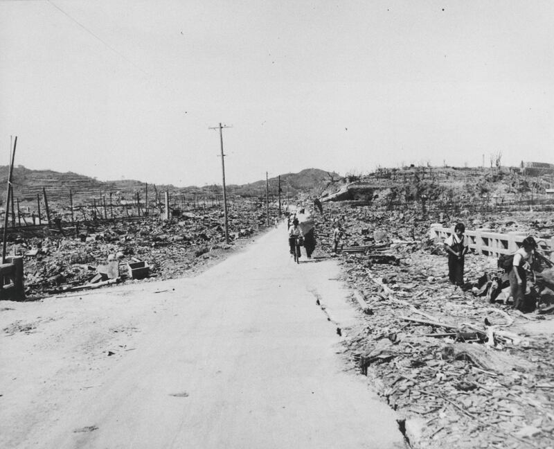 August 1945:  A road in Nagasaki soon after the dropping of the atomic bomb.  (Photo by Hulton Archive/Getty Images)