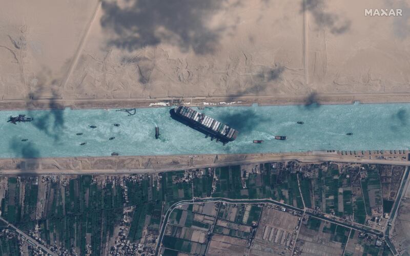 A view shows Ever Given container ship in Suez Canal in this Maxar Technologies satellite image. Satellite image ©2021 Maxar Technologies/Handout via Reuters
