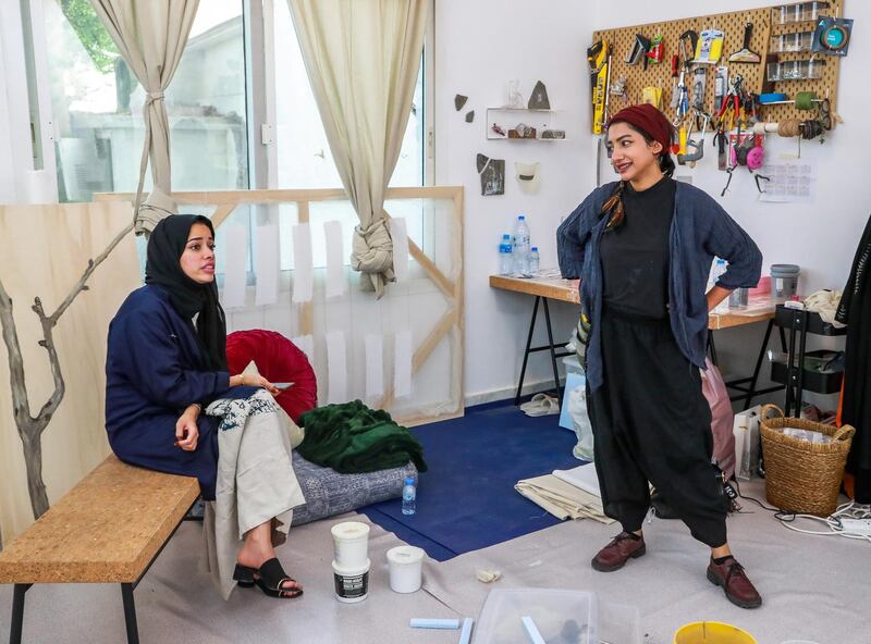 Abu Dhabi, U.A.E., June 6, 2018.    Bait 15 Studio and Art work space.  (L-R)  Afra Al Dhaheri and Maitha Abdalla.
Victor Besa / The National
Reporter:   Melissa Gronlund  
Section:  Arts & Culture