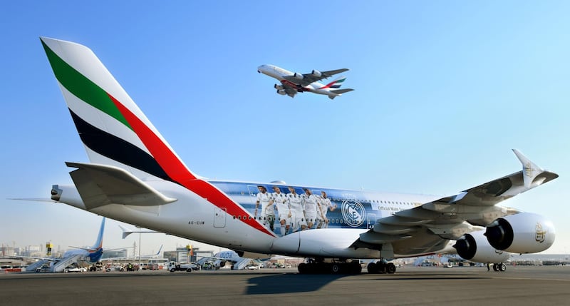 Real Madrid are flying into Abu Dhabi on a special livery A380. Courtesy Emirates