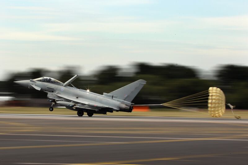 A Typhoon Eurofighter touches down at Farnborough Airshow in 2010.