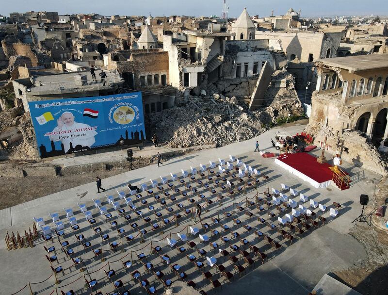 Pope Francis will say prayers for victims of ISIS and war at Al Tahera Church in Mosul’s Church Square, which is surrounded by several places of worship used by Iraq’s different Christian denominations. AFP