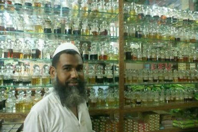 An ittar shop and its owner in Nizamuddin West in New Delhi. Courtesy Amrit Dhillon
