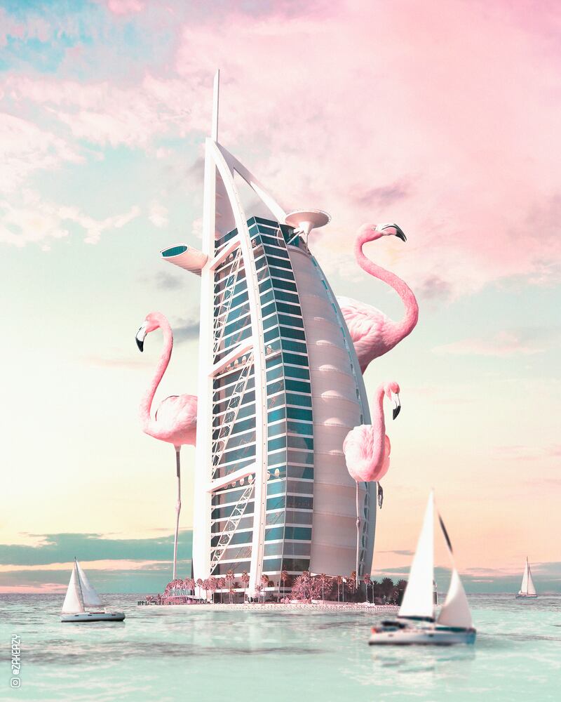 Burj Al Arab surrounded by giant flamingoes. 