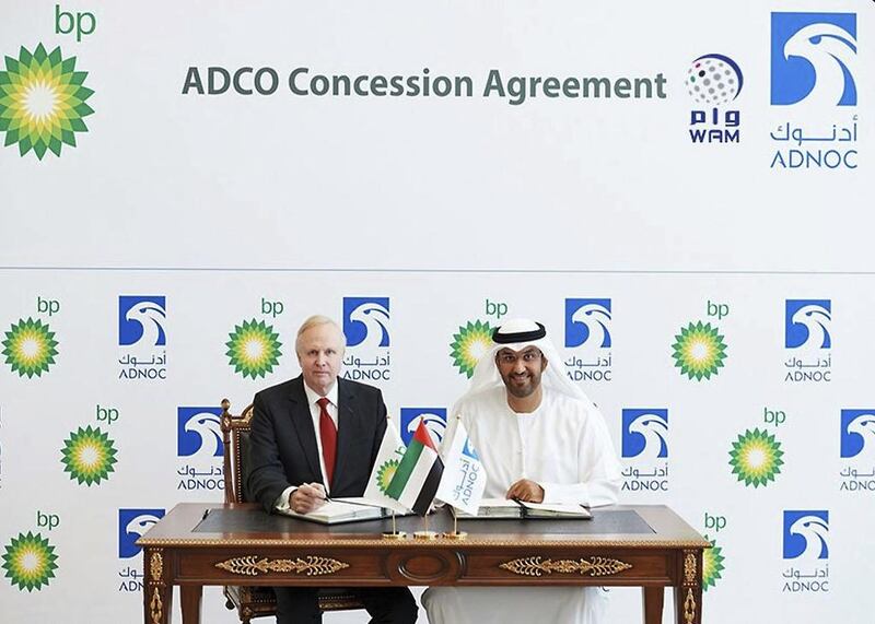 Sultan Al Jaber, right, the chief executive of Abu Dhabi National Oil Company and Minister of State and Bob Dudley, the chief executive of BP, after the deal signing on Saturday. AP Photo / Wam