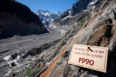 A board indicating the level of the Mer de Glace glacier in 1990 is pictured in Chamonix on June 17, 2019. AFP