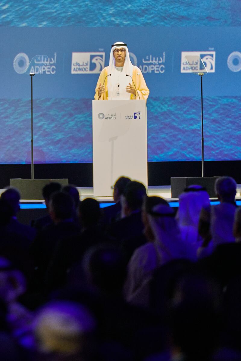 Dr Sultan Al Jaber, Minister of Industry and Advanced Technology, and managing director and group chief executive of Adnoc, said the world will lose 5 million barrels per day of oil each year from current supplies if spending comes to a halt. Photo: Adipec