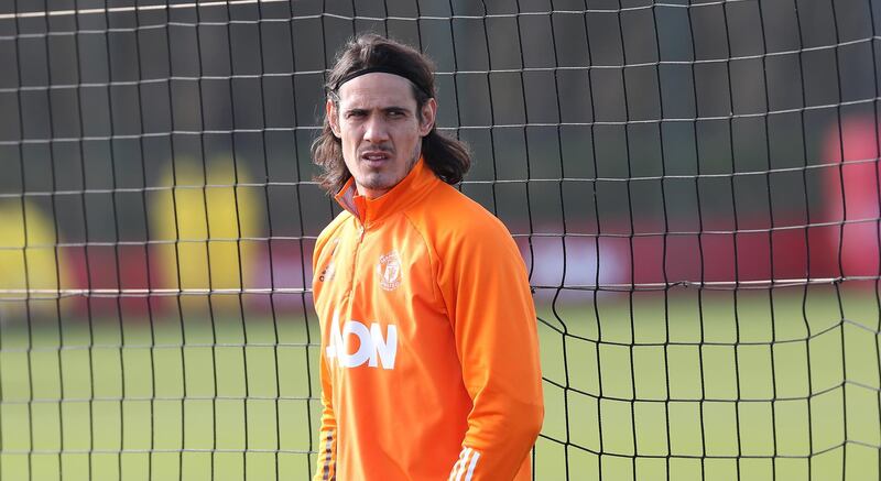 MANCHESTER, ENGLAND - MARCH 02: (EXCLUSIVE COVERAGE)  Edinson Cavani of Manchester United in action during a first team training session at Aon Training Complex on March 02, 2021 in Manchester, England. (Photo by Matthew Peters/Manchester United via Getty Images)