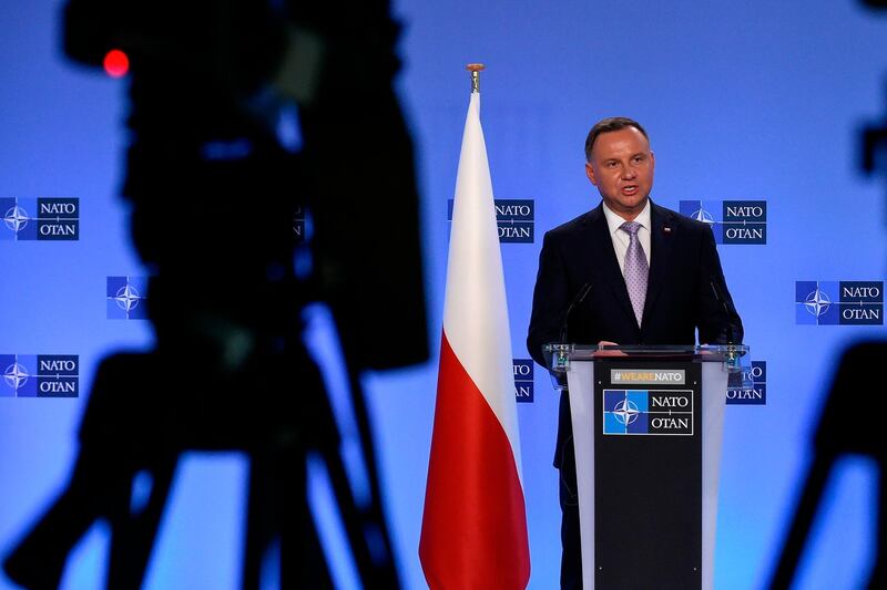 Polish President Andrzej Duda speaks during a joint press with NATO Secretary General after a bilateral meeting at the Nato headquarters in Brussels on June 4, 2019.  / AFP / JOHN THYS
