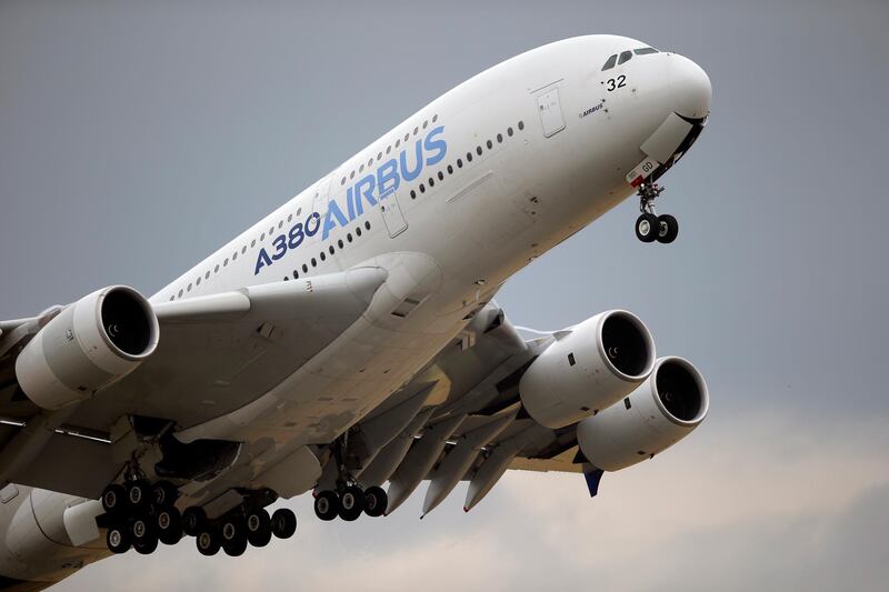 FILE - In this June 18, 2015 filephoto, an Airbus A380 takes off for its demonstration flight at the Paris Air Show, in Le Bourget airport, north of Paris. The World Trade Organization says the United States can impose tariffs on up to $7.5 billion worth of goods from the European Union as retaliation for illegal subsidies to European plane-maker Airbus â€” a record award from the trade body. (AP Photo/Francois Mori, File)