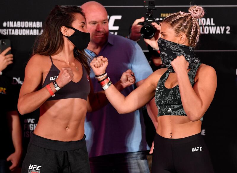 ABU DHABI, UNITED ARAB EMIRATES - JULY 10: (L-R) Opponents Amanda Ribas of Brazil and Paige VanZant face off during the UFC 251 official weigh-in inside Flash Forum at UFC Fight Island on July 10, 2020 on Yas Island Abu Dhabi, United Arab Emirates. (Photo by Jeff Bottari/Zuffa LLC)