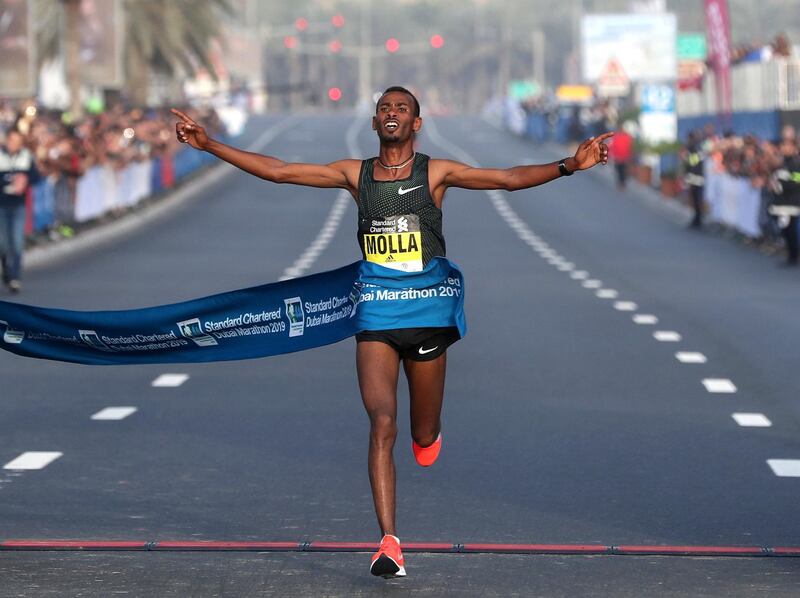 Dubai, United Arab Emirates - January 25, 2019: Getaneh Tamire Molla wins the mens Standard Chartered Dubai Marathon 2019. Friday, January 25th, 2019 at Jumeirah, Dubai. Chris Whiteoak/The National