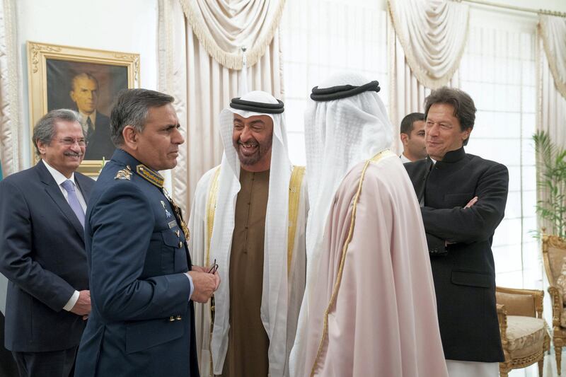 ISLAMABAD, PAKISTAN - January 06, 2019: HH Sheikh Mohamed bin Zayed Al Nahyan, Crown Prince of Abu Dhabi and Deputy Supreme Commander of the UAE Armed Forces (C), speaks with a guest during a reception at the Prime Minister's residence.

(  Mohammed Al Hammadi / Ministry of Presidential Affairs )
---