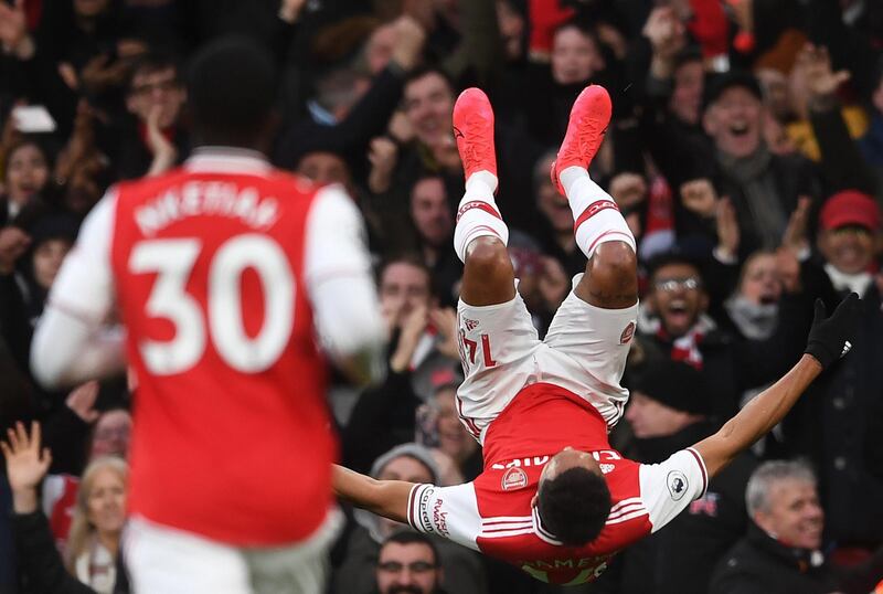 Arsenal's Pierre-Emerick Aubameyang celebrates after scoring against Everton at the Emirates Stadium on February 23, taking his Premier League tally for the season to 17. EPA