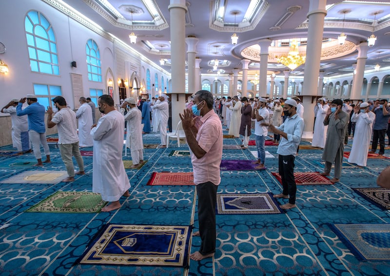 Prayers inside Sheikh Hazza Bin Sultan Mosque.