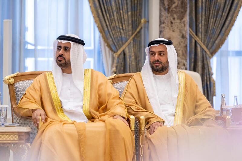 Sheikh Theyab bin Mohamed, Chairman of the Office of Development and Martyrs Families Affairs at the Presidential Court and Sheikh Mohamed bin Hamad, Private Affairs Adviser in the Presidential Court at Qasr Al Watan.
Mohamed Al Hammadi / UAE Presidential Court 