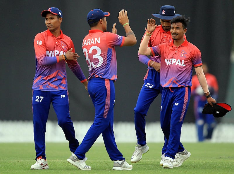 Dubai, February, 03,2019: Nepal team celebrates after dismissing Usman of UAE during  the T20 series  at the ICC Global Academy in Dubai. Satish Kumar/ For the National / Story by Paul Radley
