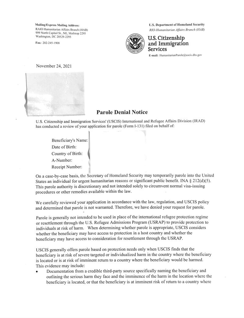 USCIS denial of humanitarian parole example