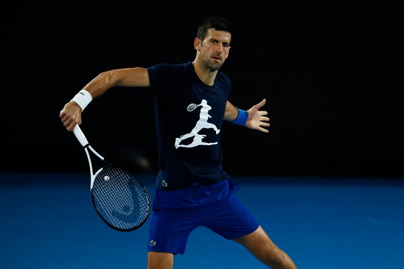 Novak Djokovic plays a backhand during a practice session ahead of the 2022 Australian Open at Melbourne Park on January 14, 2022. Getty Images