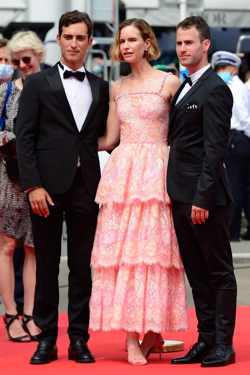 Yehonatan Vilozny, Naama Preis and Yonatan Kugler arrive for the screening of 'Le Genou D'Ahed' during the 74th annual Cannes Film Festival on July 7, 2021.
