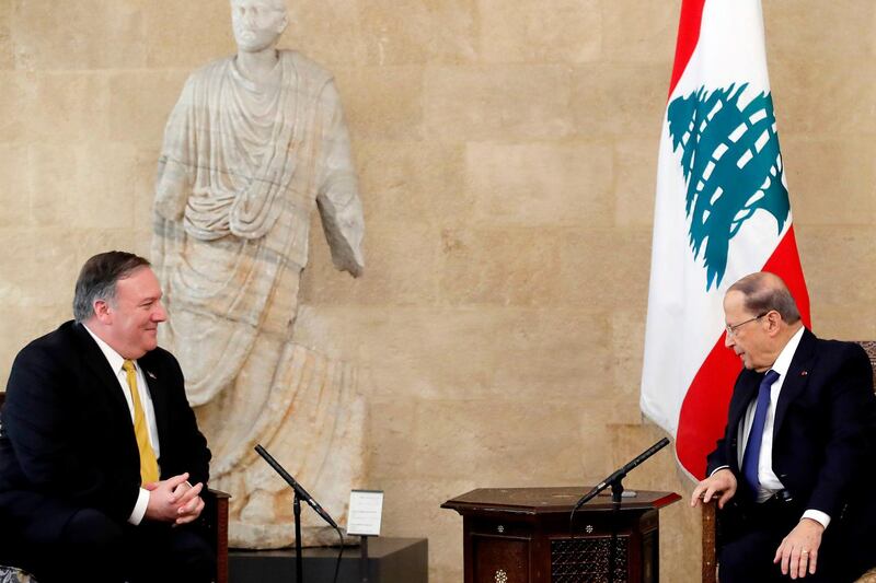 US Secretary of State Mike Pompeo (L) meets with Lebanon's President Michel Aoun (R) at the presidential palace in Baabda, east of the capital Beirut on March 22, 2019. Pompeo warned of Shiite militant group Hezbollah's "destabilising activities" as he visited Lebanon on the latest leg of a regional tour to build a united front against Iran. / AFP / POOL / JIM YOUNG
