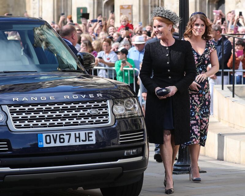 YORK, ENGLAND - AUGUST 31: Sarah, Duchess of York and Princess Eugenie of York seen at the wedding of Ellie Goulding and Caspar Jopling at York Minster Cathedral on August 31, 2019 in York, England. (Photo by John Rainford/GC Images)