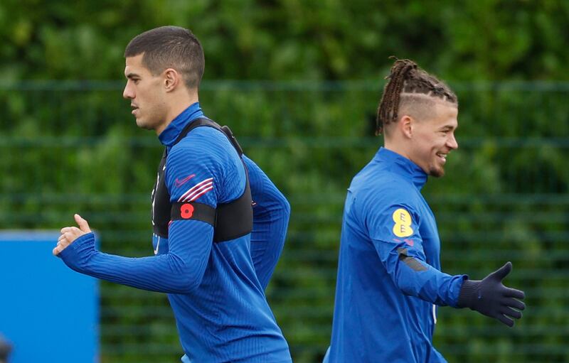England's Conor Coady and Kalvin Phillips during training for the World Cup qualifier. Reuters