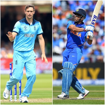 England bowler Chris Woakes and India batsman MS Dhoni. Getty Images