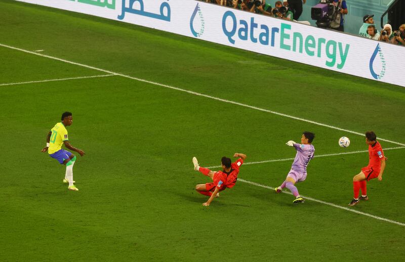 Vinicius Junior scores Brazil's first goal. Reuters