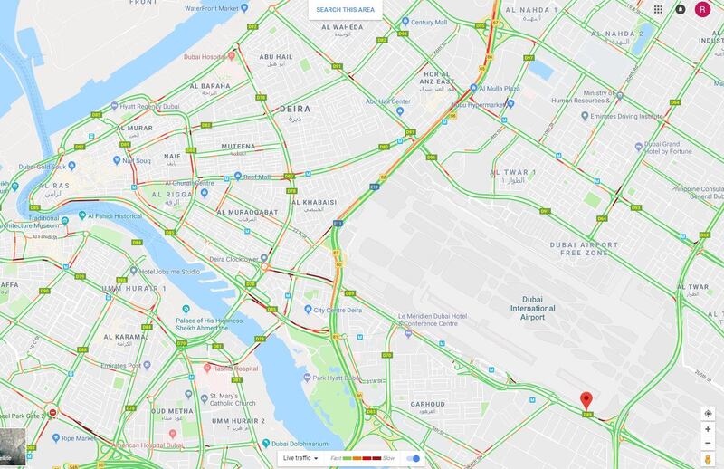 Heavy traffic was reported in Dubai's old city on Monday lunchtime. Courtesy: Google Maps
