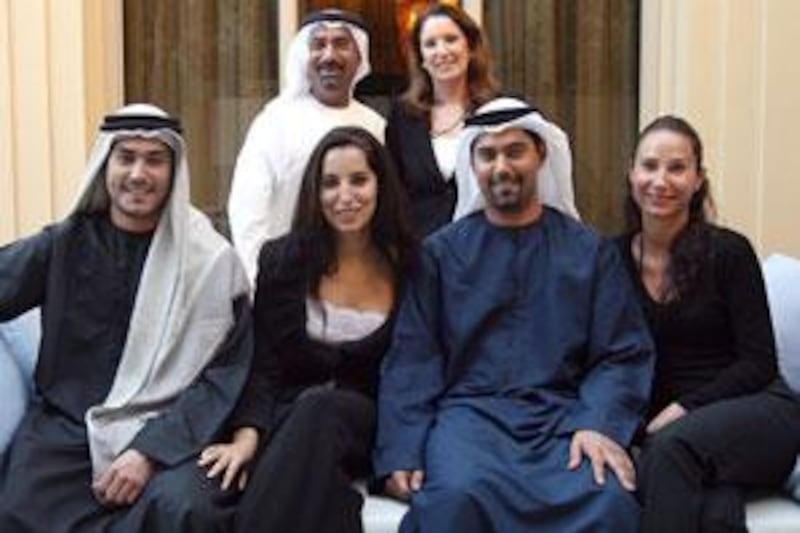 The Zaal family: the parents Zaal Mohammed Zaal, top row, left, and Lesley Zaal, and their children Hazaa bin Zaal, from left, first row, Nadia Zaal, Mohammed bin Zaal, and Kamelia Zaal, pose for their portrait at the family-owned Al Barari development in Dubai. They are also responsible for the Nurai project in Abu Dhabi.