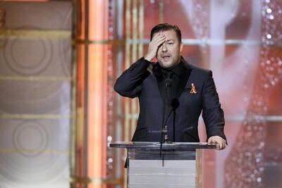 67th ANNUAL GOLDEN GLOBE AWARDS -- Pictured: Host Ricky Gervais on stage during the 67th Annual Golden Globe Awards held at the Beverly Hilton Hotel on January 17, 2010 -- Photo by: Paul Drinkwater/NBCU Photo Bank