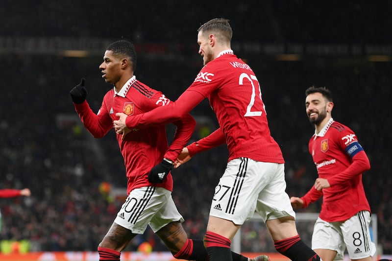 Marcus Rashford of Manchester United celebrates scoring against Real Betis in their Europa League round of 16 match at Old Trafford on Thursday, March 9, 2023. Getty