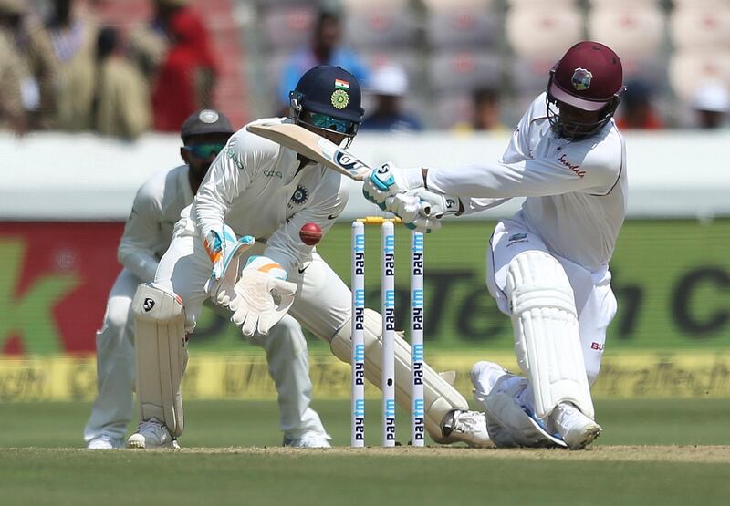 West Indies cricketer Shimron Hetmyer bats during the first day of the second cricket test match between India and West Indies in Hyderabad, India. All photo by Mahesh Kumar A. for AP Photo