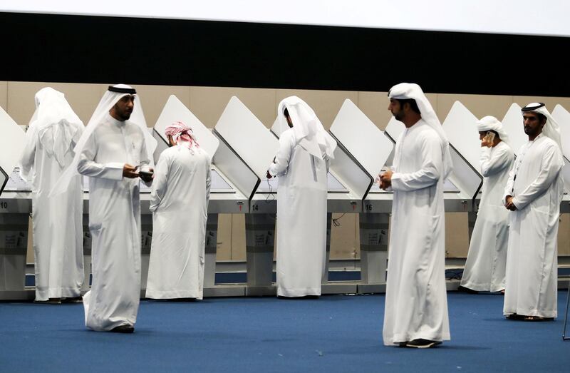 ABU DHABI,  UNITED ARAB EMIRATES , OCTOBER 3 – 2019 :- Residents casting their votes for the FNC elections held at the ADNEC in Abu Dhabi. ( Pawan Singh / The National ) For News. Story by Haneen