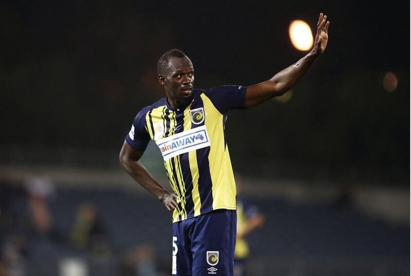 Usain Bolt in action for the Mariners against Macarthur South West United during a pre-season friendly at Campbelltown Sports Stadium in Sydney. Getty Images