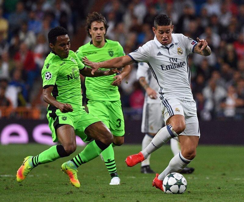 Real Madrid's James Rodriguez, right, in action against Sporting Lisbon in the Champions League on Wednesday. Gerard Julien / AFP / September 14, 2016